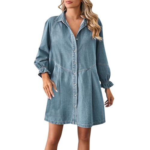 Generisch Jeanskleid Damen Sommer jeanskleid Damen Sommer Langarm Jeans Kleid blusenkleid Knielang Oversize jeanshemd Casual hemdblusenkleid Freizeitkleid M von Generisch