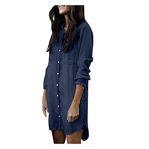 Generisch Jeanskleid Damen V-Ausschnitt Blusenkleid Hemdkleid Jeanskleider Langarm Knopf Runter Shirtkleid Tunikakleider Oben Baggy Latzkleid Damen Mode Jeanshemd Damen von Generisch