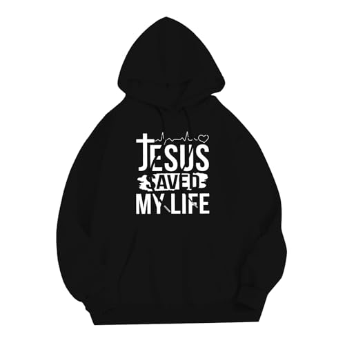 Generisch Jesus Hoodie Herren Sweatshirt Jesus Saved My Life Pullover Hoody Oversized Langarmshirt Casual Einfarbig Kapuzepullover Lässig Lose Pulli Brief Druck Sweater mit Tasche (Black, M) von Generisch