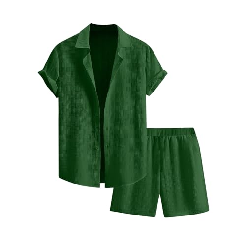 Generisch Jogging Anzug Set Herren, Sommer Sportanzug 2 Teiliges Business Hemd Set Kurzarm T-Shirts Kurze Hose Freizeitanzug Zweiteiler Herren Walking Outfit Trainingsanzug Outfit (L, Dark Green) von Generisch