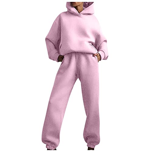 Generisch Jogging Damen Anzug, Set Mode Solide Farbe Trainingsanzug Baumwolle Jogginghose Sport Zweiteiliges Set Sweatshirt Mit Kapuze Homewear Set Zweiteiler Outfit Sport Set Sport (M, Pink) von Generisch