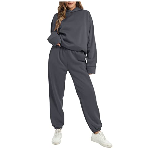 Generisch Jogginganzug Damen, Kurzarm Trainingsanzug 2 Teilige Loungewear Sets Mit Rundhalsausschnitt Two Piece Set Women Workout Damen Sportset Für Strick Anzug Trainingsanzüge Set (M, Dark Gray) von Generisch
