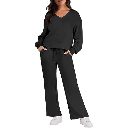 Generisch Jogginganzug Damen, Set Zweiteiler Sport Outfit Trainingsanzug Damen Hoodie Jogger Set Travel Outfit Haus Anzug Strick Set Hausanzug Kuschelig Warm Winter Voyelles Set (XXL, Schwarz) von Generisch