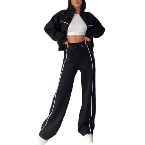 Generisch Jogginganzug Damen 2 Teiler Set Laufbekleidung Herbst-Winter Sweatjacke Und Sweatpants Mit Taschen Und Kordelzug Einfarbig Stretch Lockere Jogginganzug Outdoor Sport Workout Sportanzug,S-Xl von Generisch