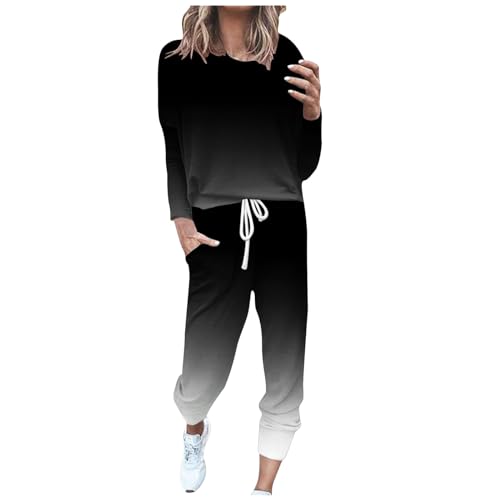 Generisch Jogginganzug Damen Baumwoll Trainingsanzug Set Langarm Pullover Und Regular Hose Freizeitanzug Elegant Farblock Shirt Sportanzug Lang Zweiteiler Outfit Sommer Hausanzug Herbst von Generisch