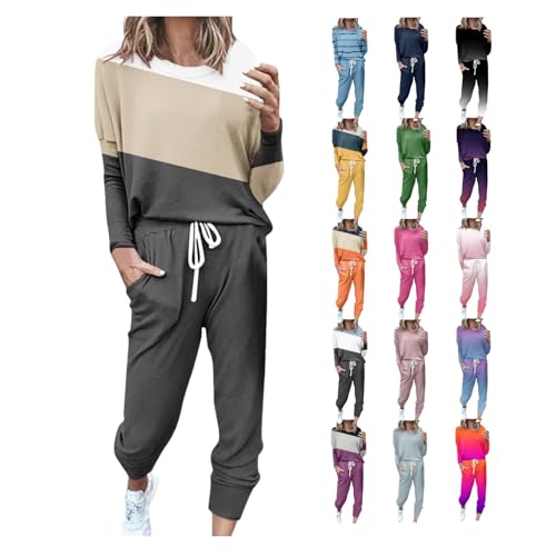 Generisch Jogginganzug Damen Baumwoll Trainingsanzug Set Langarm Pullover Und Regular Hose Freizeitanzug Elegant Farblock Shirt Sportanzug Lang Zweiteiler Outfit Sommer Hausanzug Herbst von Generisch