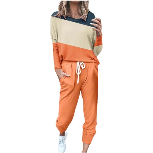 Generisch Jogginganzug Damen Baumwoll Trainingsanzug Set Langarm Pullover Und Regular Hose Freizeitanzug Elegant Farblock Shirt Sportanzug Lang Zweiteiler Outfit Sommer Hausanzug Herbst von Generisch
