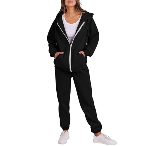 Generisch Jogginganzug Damen Große Größen Hausanzug Mit Kapuze Kuschelig Langarm Trainingsanzug Baggy Sweatshirt & Jogginghose Elegant Homewear Damen Set,A Schwarz,XL von Generisch