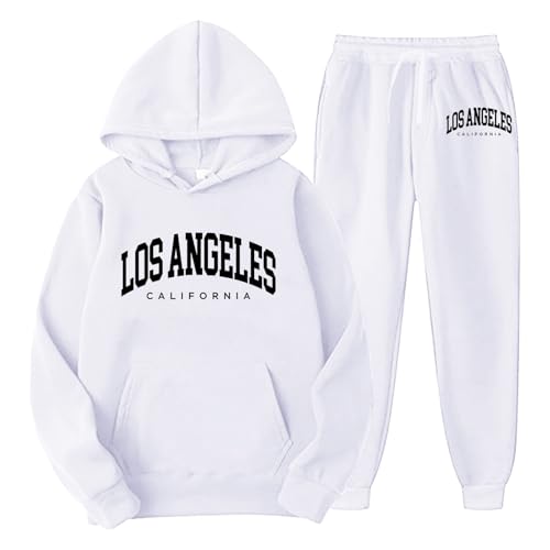 Generisch Jogginganzug Damen Herren Baggy Trainingsanzug Lang Zweiteiler Sportanzug Los Angeles Hoodie Und Jogginghose Weiß Set Tracksuit Men Jogging Set Herbst Winter Outfit Langarm Freizeitanzug von Generisch