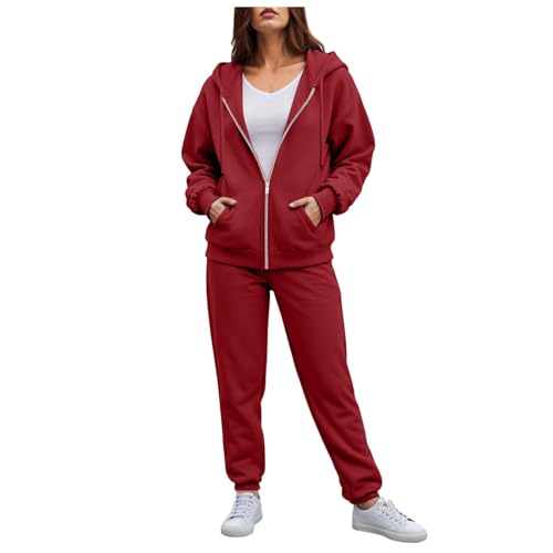 Generisch Jogginganzug Damen Lang Freizeitanzug Trainingsanzug Frauen Sportanzug Fitnessanzug mit Taschen Tracksuit Colour Homewear Präsentationsanzug Hausanzug Zip Jacke Hose (Red, M) von Generisch