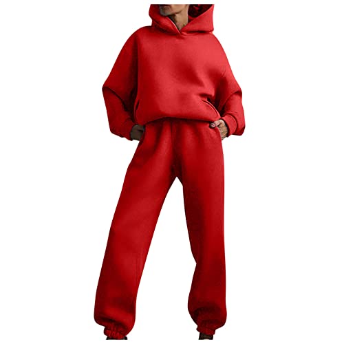 Generisch Jogginganzug Damen Oversize, Set Mode Solide Farbe Trainingsanzug Baumwolle Jogginghose Sport Zweiteiliges Set Sweatshirt Mit Kapuze Nofs Arbeitspullover Zwei Set Outfit (XL, Red) von Generisch