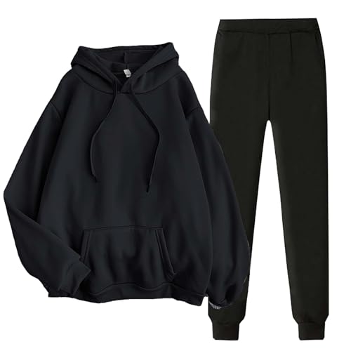 Generisch Jogginganzug Damen Set Trainingsanzug Herbst/Winter Fleece Warme Sportanzug Kapuzenpullover Und Schwarz Jogginghose 2 Teilig Outfit Outdoor Casual Loungewear Weichem Freizeitanzug von Generisch