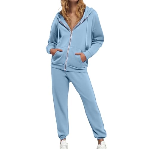 Generisch Jogginganzug Damen Set Trainingsanzug Zweiteiler Sportanzug mit Reißverschluss 2025 Elegant Langarm Trainingsanzug Sport Hosenanzug Casual Hoodie + Jogginghose 2 Teilig Outfit (Sky Blue, L) von Generisch