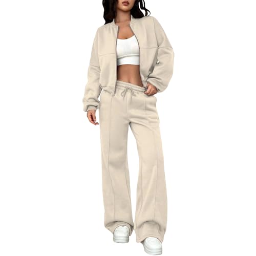 Generisch Jogginganzug Damen Set mit Jacke Hosenanzug Damen Elegant 2 Teilig Kuschelig Hausanzug Damen Weites Bein Zweiteiler mit Reissverschluss Anzug Frauen Im Joggingstyle Freizeitanzug Langarm von Generisch