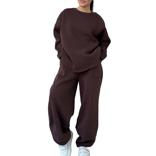 Generisch Jogginganzug Damen Zweiteiler Leicht Hoodie Und Hose Trainingsanzug Baumwolle Hausanzug Freizeitanzug 2 Teilig Langarm Sportanzug Loungewear Set Kaffee XL von Generisch