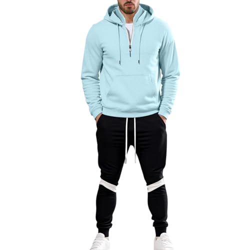 Generisch Jogginganzug Herren Komplett Blau Trainingsanzug Lang Half Zip Hoodie Mit Hose Set 2 Teiliger Sportanzug Tracksuit Men Laufen Set Herbst Winter Outfit Langarm Freizeitanzug von Generisch