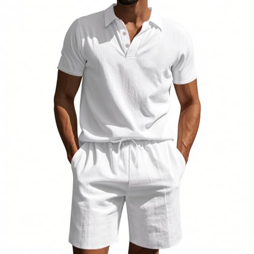 Generisch Jogginganzug Herren Set, 2 Teiler Leinenanzug Sommer Outfit Männer Leicht Leinen Shirts & Short Set Urlaub Strand Zweiteiler Kleidung Klamotten Sport Anzug (L, Weiß) von Generisch