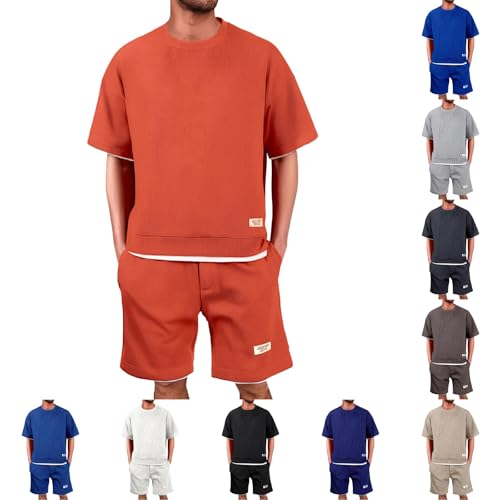 Generisch Jogginganzug Herren Shorts und Tshirt Set Waffle Trainingsanzug 2 Teiler Herren Sommer Outfit Zweiteiler Fitness Kleidung Freizeitanzug Shirt + Kurze Hose Sportanzug Sommeranzug Tracksuit von Generisch