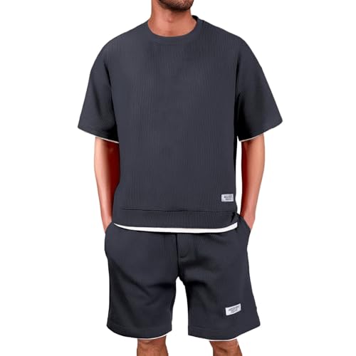 Generisch Jogginganzug Herren Shorts und Tshirt Set Waffle Trainingsanzug 2 Teiler Herren Sommer Outfit Zweiteiler Fitness Kleidung Freizeitanzug Shirt + Kurze Hose Sportanzug Sommeranzug Tracksuit von Generisch