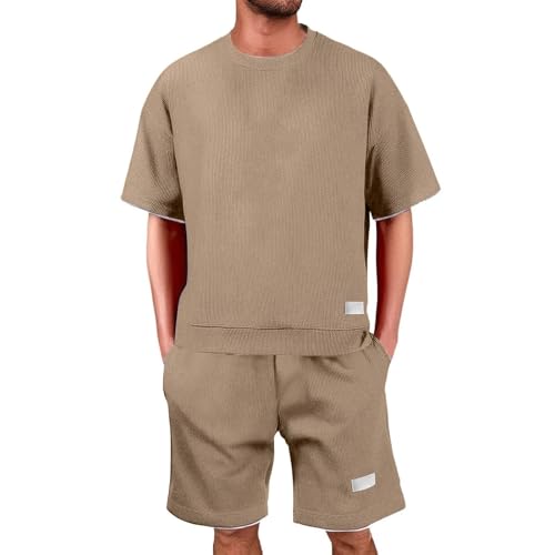 Generisch Jogginganzug Herren Shorts und Tshirt Set Waffle Trainingsanzug 2 Teiler Herren Sommer Outfit Zweiteiler Fitness Kleidung Freizeitanzug Shirt + Kurze Hose Sportanzug Sommeranzug Tracksuit von Generisch