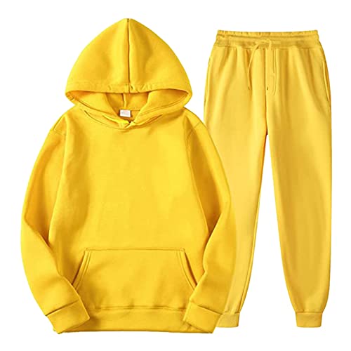 Generisch Jogginganzug Herren Tracksuit Langarm Hooded Sweatshirt Und Jogginghose Einfarbig 2 Teiliges Sets Trainingsanzug Männer Hoodie Sportanzug Jogging Anzug Stretch Weich Outfit Yellow L von Generisch