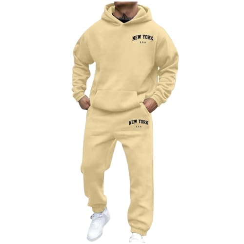 Generisch Jogginganzug Herren Trainingsanzug 3D Logo Jogging Anzug Set Herren NEW YORK Sportanzug Warm Kapuzenpullover Jogginghose 2 Teiliger Y2K Hip Hop Fitnessanzug Loose Fit Laufanzug (02Beige, L) von Generisch