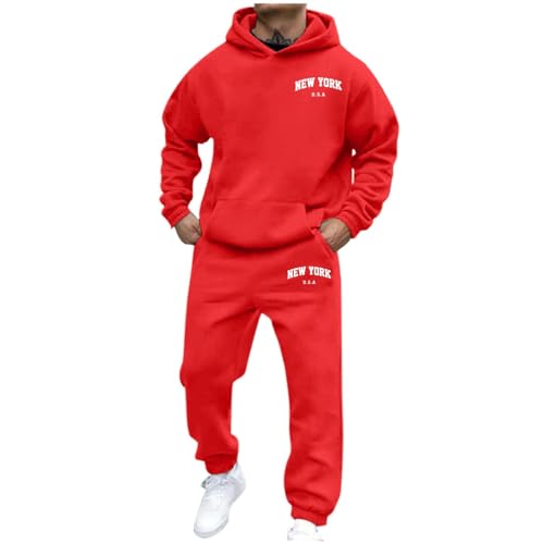 Generisch Jogginganzug Herren Trainingsanzug 3D Logo Jogging Anzug Set Herren NEW YORK Sportanzug Warm Kapuzenpullover Jogginghose 2 Teiliger Y2K Hip Hop Fitnessanzug Loose Fit Laufanzug (02Rot, S) von Generisch