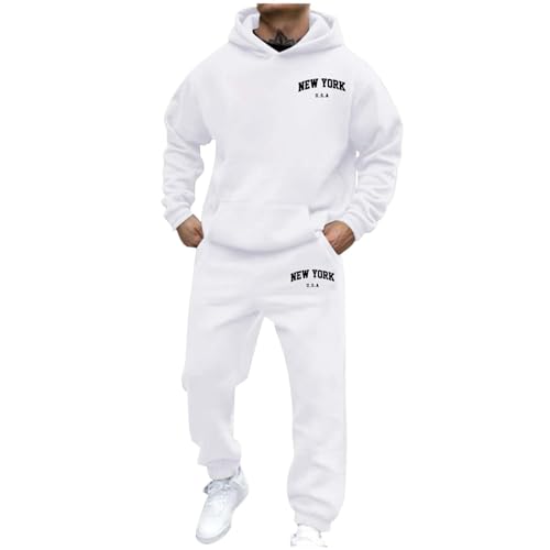 Generisch Jogginganzug Herren Trainingsanzug 3D Logo Jogging Anzug Set Herren New York Sportanzug Warm Kapuzenpullover Jogginghose 2 Teiliger Y2K Hip Hop Fitnessanzug Loose Fit Laufanzug (02Weiß, L) von Generisch