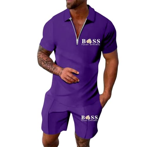 Generisch Jogginganzug Herren Trainingsanzug Sommer Bequeme Sportanzug Fitness Kleidung Poloshirt Kurzarm Baggy Freizeitanzug Streetwear Activewear-Sets 2 Teilig mit Tshirt und Kurz Sporthose von Generisch