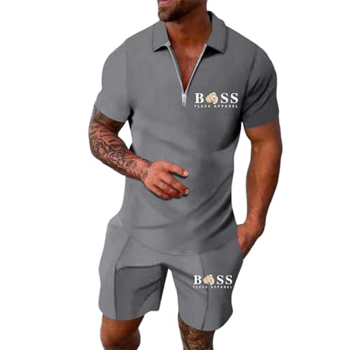 Generisch Jogginganzug Herren Trainingsanzug Sommer Bequeme Sportanzug Fitness Kleidung Poloshirt Kurzarm Baggy Freizeitanzug Streetwear Activewear-Sets 2 Teilig mit Tshirt und Kurz Sporthose von Generisch