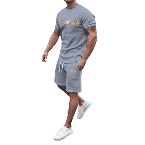 Generisch Jogginganzug Herren Trainingsanzug Sommer Bequeme Sportanzug Fitness Kleidung Poloshirt Kurzarm Baggy Freizeitanzug Streetwear Activewear-Sets 2 Teilig mit Tshirt und Kurz Sporthose von Generisch