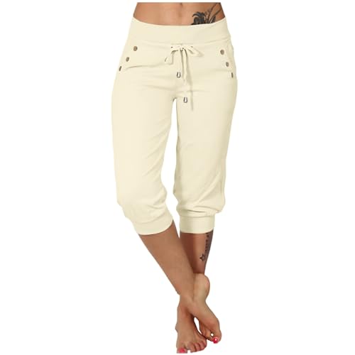 Generisch Jogginghose Damen 3/4 Lang - Baumwolle Sporthose Casual Capri Hose Leicht Einfarbig Laufhose Sommer Sweathose Elegant Freizeithose Bequem Sommerhose Mit Taschen Sport Trainingshose von Generisch