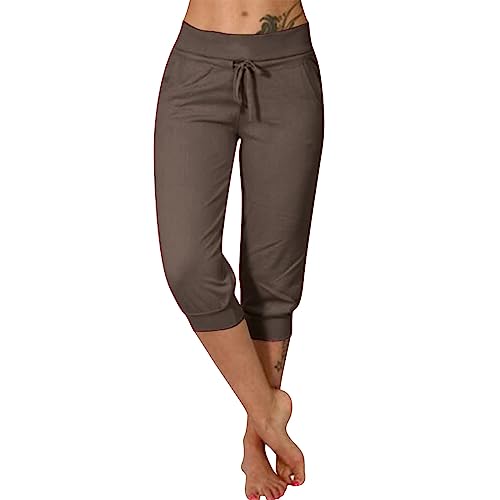 Generisch Jogginghose Damen 3/4 Lang - Baumwolle Sporthose Casual Capri Hose Leicht Einfarbig Laufhose Sommer Sweathose Elegant Freizeithose Bequem Sommerhose Mit Taschen Sport Trainingshose von Generisch