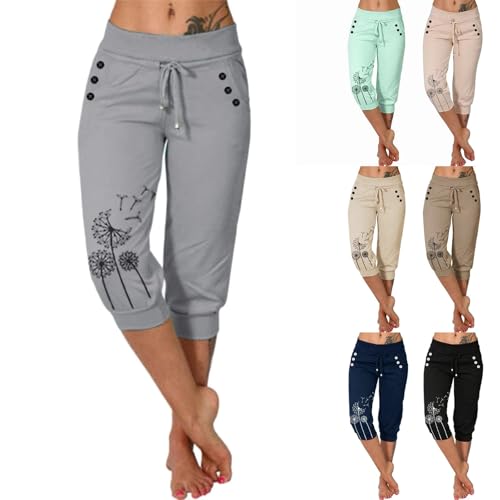 Generisch Jogginghose Damen 3/4 Lang - Baumwolle Sporthose Casual Capri Hose Leicht Einfarbig Laufhose Sommer Sweathose Elegant Freizeithose Bequem Sommerhose Mit Taschen Sport Trainingshose von Generisch