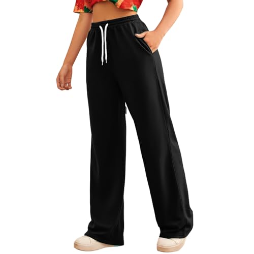 Generisch Jogginghose Damen Baggy Activewear für Damen Sweatpants Breite Baumwolle Jogging Hose Elastische Taille Weites Bein Sporthose Lang Sweat Pants mit Taschen und Kodelzug von Generisch