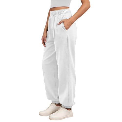 Generisch Jogginghose Damen Baggy Sweatpants Mit Elastischer Taille Und Taschen High Waist Sweathose Einfarbig Jogger Hose Baumwolle Sport Trainingshose Stretch Bequem Pants Weiß XL von Generisch