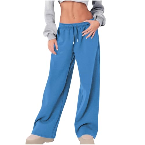 Generisch Jogginghose Damen Baggy Trainingshose Sommer Jogginghosen Bequeme Jogging Hosen Weites Bein Sporthose Lang Lässig Sweathose Dünne Sweatpants Freizeithose Blau M von Generisch