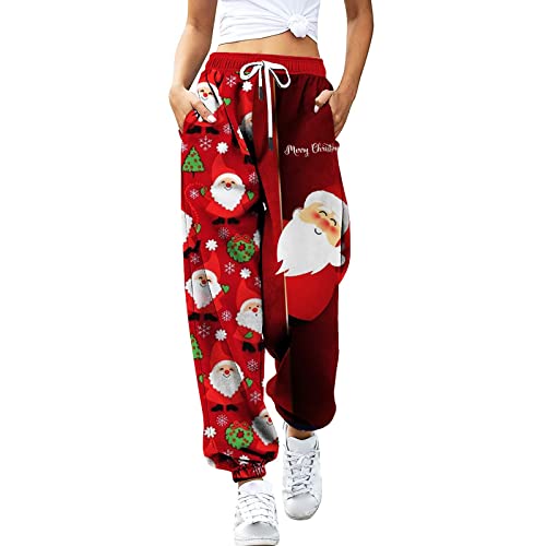 Generisch Jogginghose Damen Baggy Weihnachtshose High Waist Weihnachts Hose mit Kordelzug Wanderhose Weihnachten Bedruckte Trainingshose Sporthose Casual Yogahose Stoffhose von Generisch