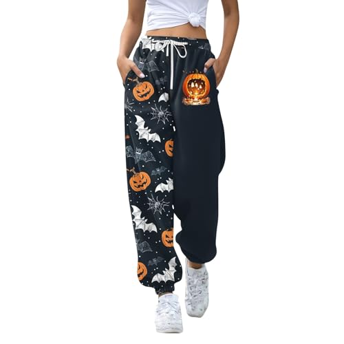 Generisch Jogginghose Damen Lang Baggy Halloween Kostüm Damen Muster Hosen Freizeithosen Frauen High Waist Sporthose Damen Mit Taschen Wanderhose Sweathose Trainingshose 4#Marine S von Generisch