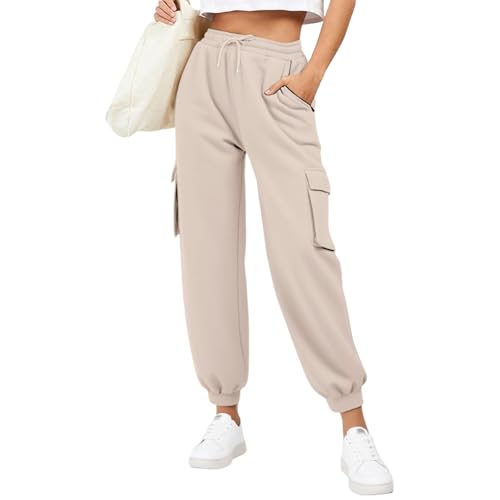 Generisch Jogginghose Damen Lang Sweatpants Slim Fit Sporthose Baumwolle Laufhosen High Waist Trainingshose mit Elastischem Rippbündchen Freizeithose Yogahose (Beige, S) von Generisch