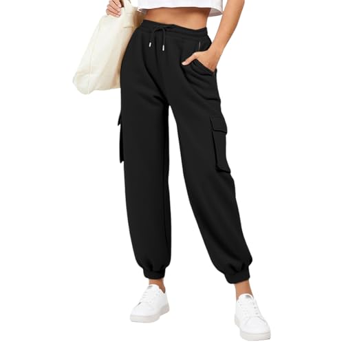 Generisch Jogginghose Damen Lang Sweatpants Slim Fit Sporthose Baumwolle Laufhosen High Waist Trainingshose mit Elastischem Rippbündchen Freizeithose Yogahose (Black, XXXL) von Generisch