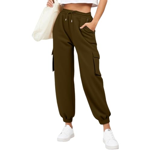 Generisch Jogginghose Damen Lang Sweatpants Slim Fit Sporthose Baumwolle Laufhosen High Waist Trainingshose mit Elastischem Rippbündchen Freizeithose Yogahose (Brown, S) von Generisch
