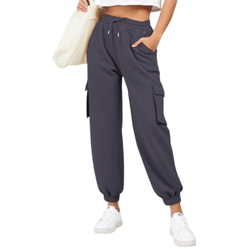 Generisch Jogginghose Damen Lang Sweatpants Slim Fit Sporthose Baumwolle Laufhosen High Waist Trainingshose mit Elastischem Rippbündchen Freizeithose Yogahose (Dark Gray, M) von Generisch