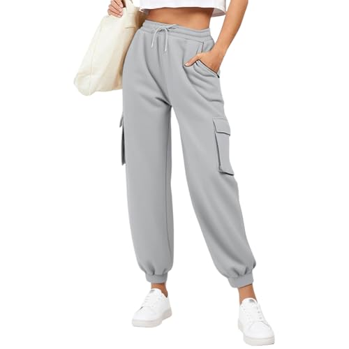 Generisch Jogginghose Damen Lang Sweatpants Slim Fit Sporthose Baumwolle Laufhosen High Waist Trainingshose mit Elastischem Rippbündchen Freizeithose Yogahose (Light Ashy, L) von Generisch