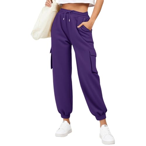 Generisch Jogginghose Damen Lang Sweatpants Slim Fit Sporthose Baumwolle Laufhosen High Waist Trainingshose mit Elastischem Rippbündchen Freizeithose Yogahose (Purple, XXXL) von Generisch