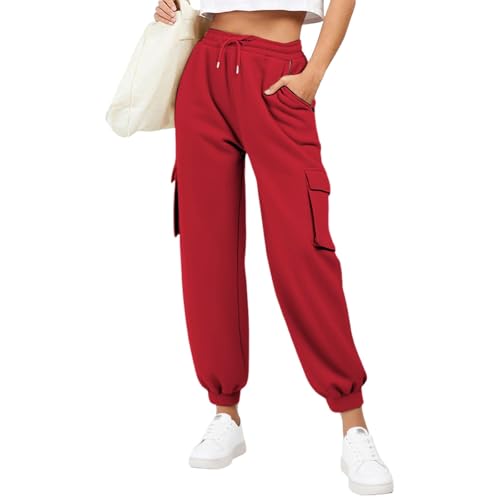 Generisch Jogginghose Damen Lang Sweatpants Slim Fit Sporthose Baumwolle Laufhosen High Waist Trainingshose mit Elastischem Rippbündchen Freizeithose Yogahose (Red, L) von Generisch