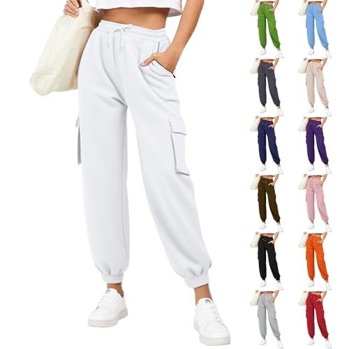Generisch Jogginghose Damen Lang Sweatpants Slim Fit Sporthose Baumwolle Laufhosen High Waist Trainingshose mit Elastischem Rippbündchen Freizeithose Yogahose (White, XXXL) von Generisch