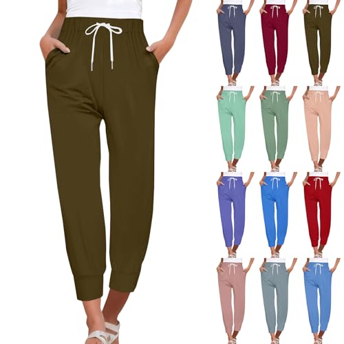Generisch Jogginghose Damen Sommerhose High Waist Stretch Atmungsaktiv Sporthose Einfarbig Mit Cinch-Bottom Und Taschen Sweatpants Elastische Taille Freizeithose Für Yoga Fitness von Generisch