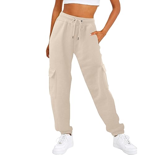 Generisch Jogginghose Damen hohe Taille Jogging Hose für Frauen Sporthose Lange Freizeithose Trainingshose Cargohose Damen Hose mit Kordelzug (Beige, XXL) von Generisch