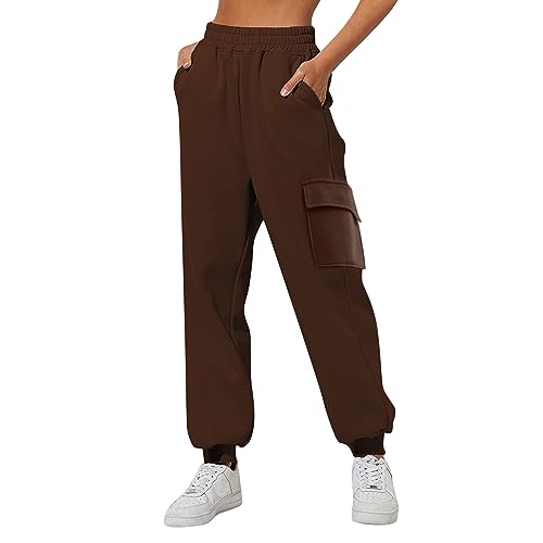 Generisch Jogginghose Damen hohe Taille Jogging Hose für Frauen Sporthose Lange Freizeithose Trainingshose Cargohose Damen Hose mit Kordelzug (Brown-a, XXL) von Generisch